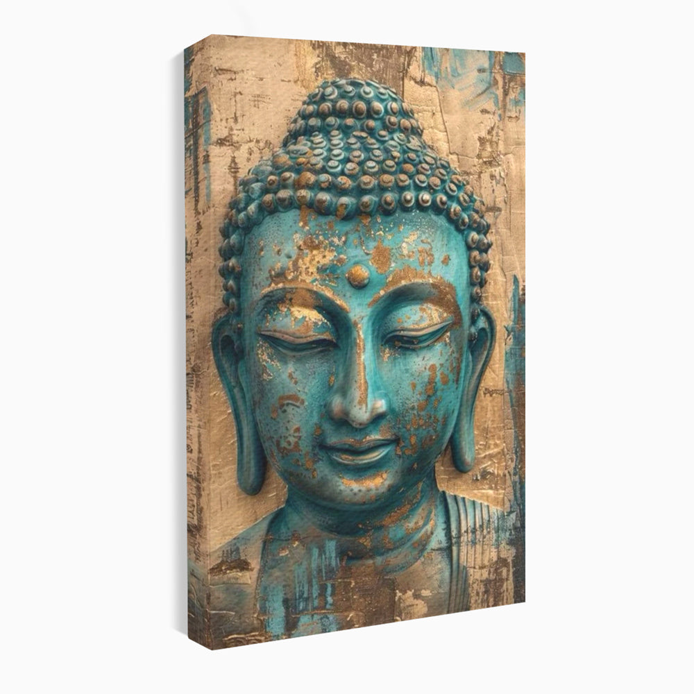 Tablou canvas cu tablou canvas cu capul lui buddha turcoaz, fara rama, pe sasiu de lemn